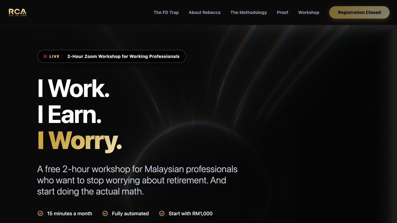 RCA Wealth workshop landing page with the headline I Work. I Earn. I Worry.
